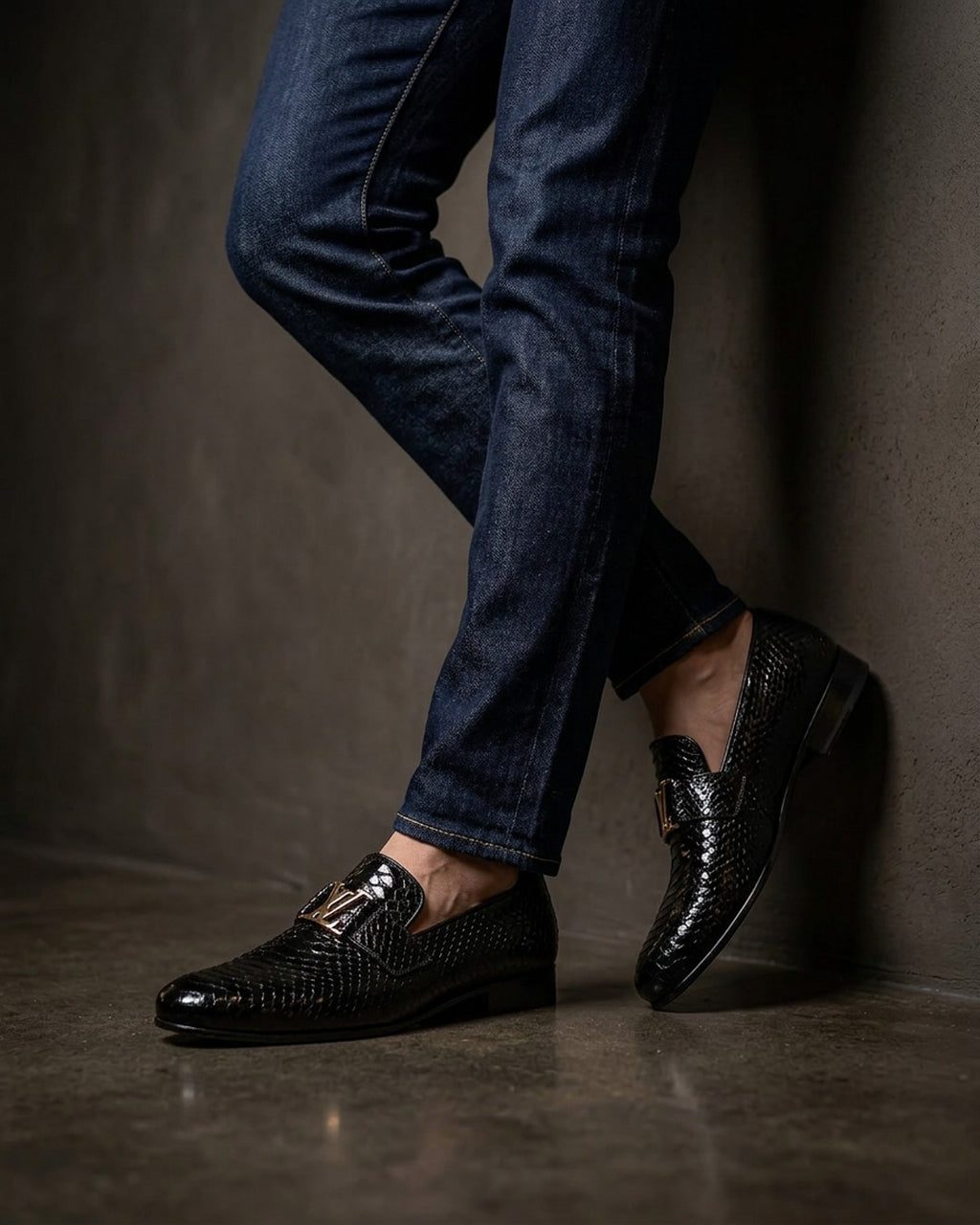 Cobra Charm | Men's Black Snake Print Leather Loafers with Gold Buckle | D.