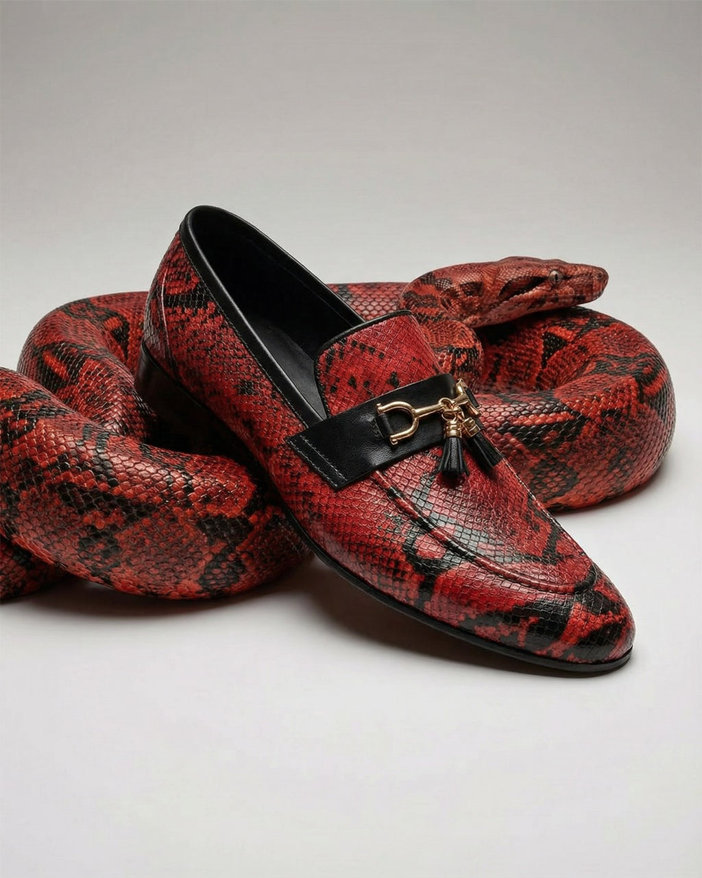 Kroondia | Men's Red Snake Print Leather Tassel Loafers | D.
