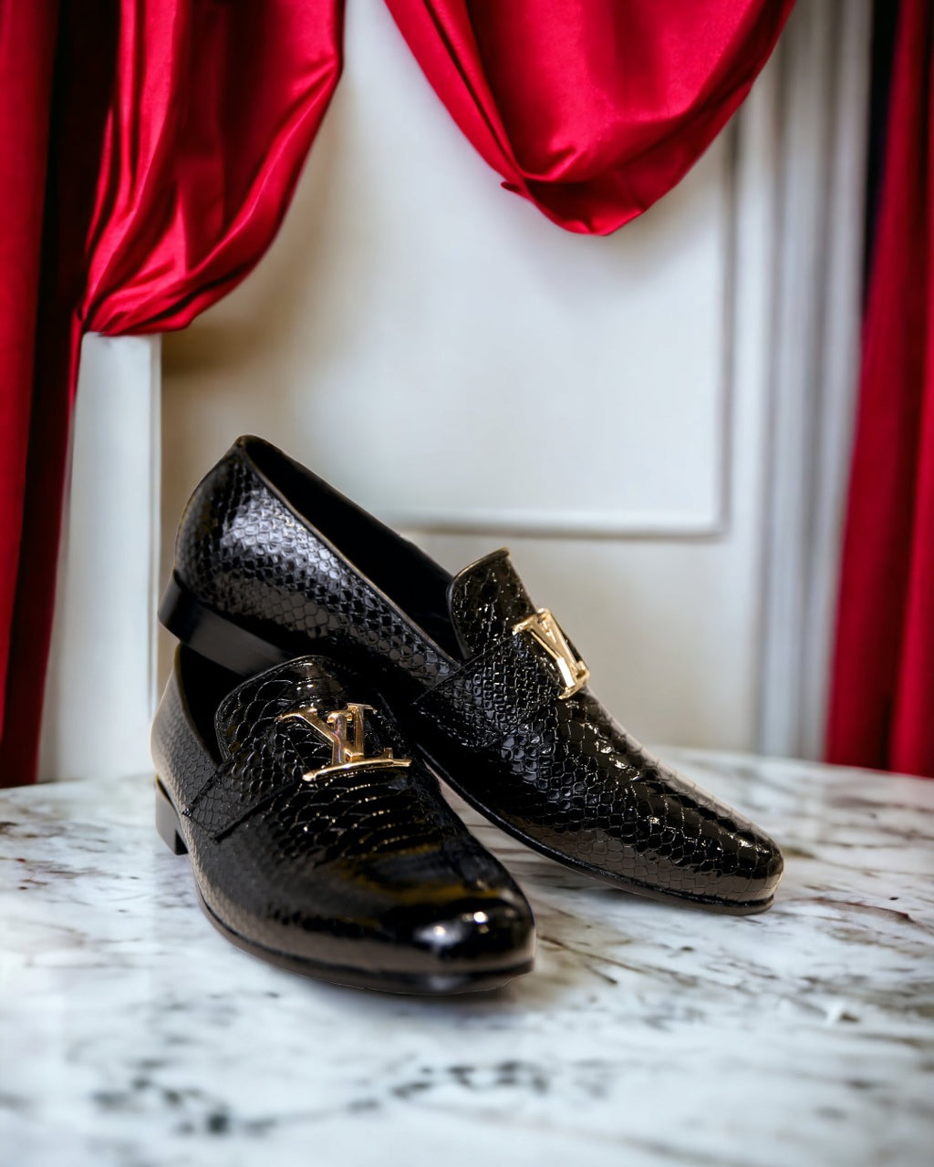 Cobra Charm | Men's Black Snake Print Leather Loafers with Gold Buckle | D.