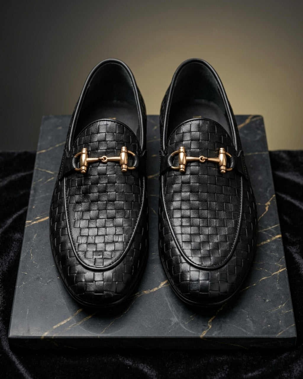 EliteBit | Men's Black Woven Leather Loafers with Gold Buckle | D.
