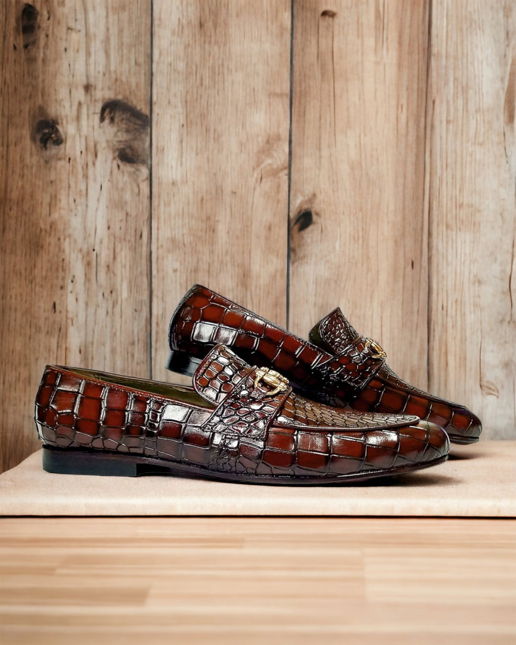 Croodzila | Men's Brown Croco Leather Loafers with Gold Buckle | D.