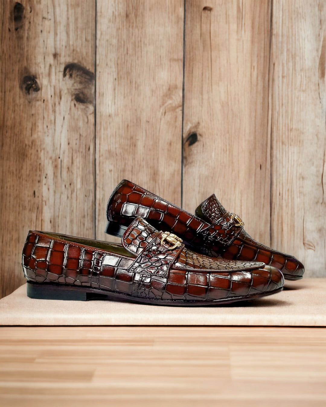 Croodzila | Men's Brown Croco Leather Loafers with Gold Buckle | D.