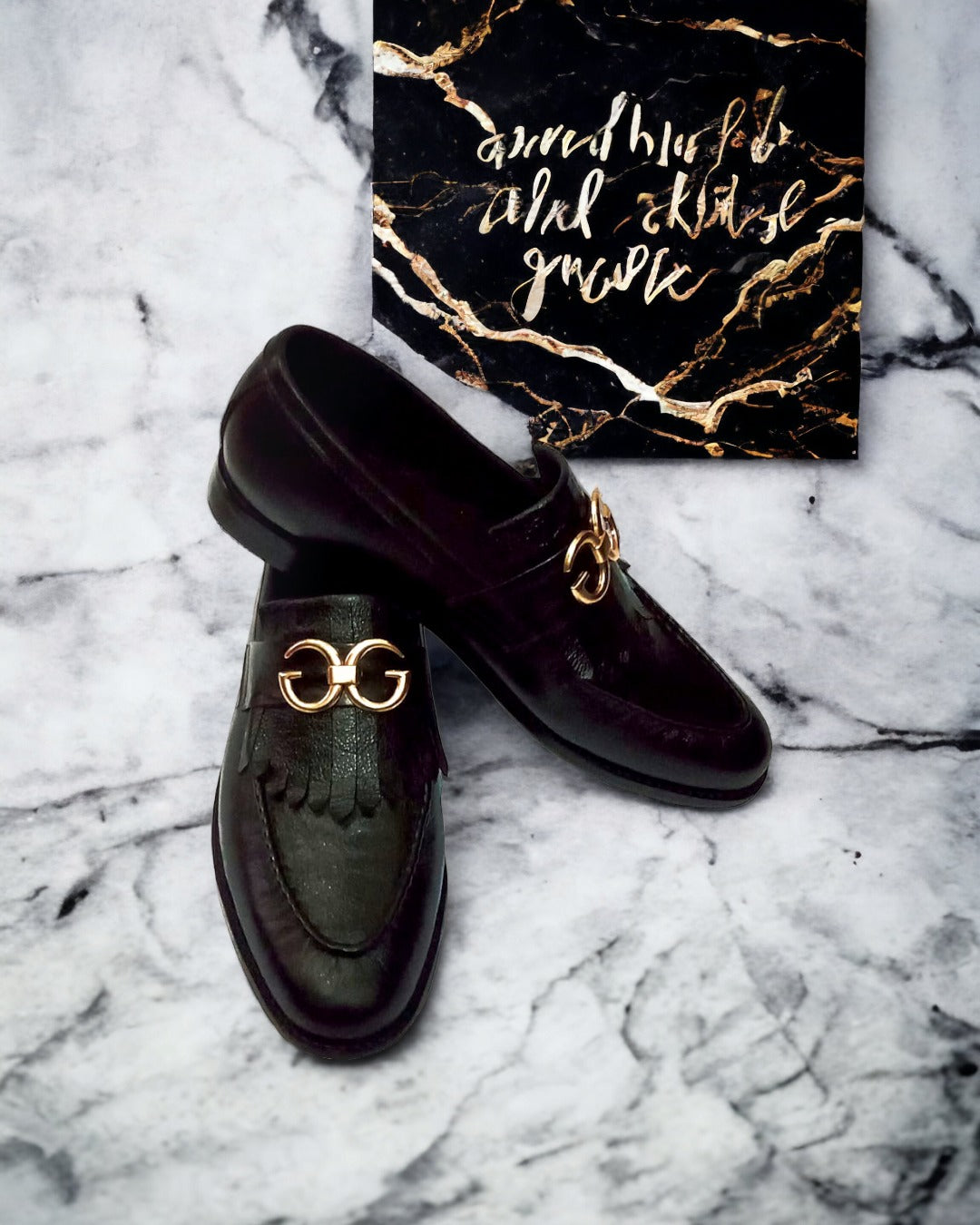 GlidedGentry | Men's Black Leather Fringe Loafers with Double Gold Emblem | D.