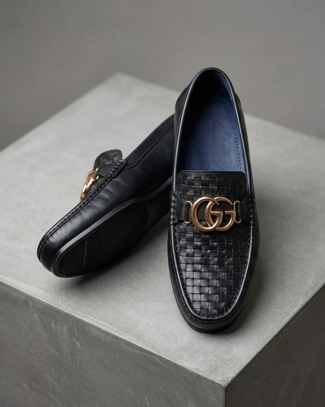ObsidianWeave | Men's Black Woven Leather Loafers with Double Gold Emblem | D.