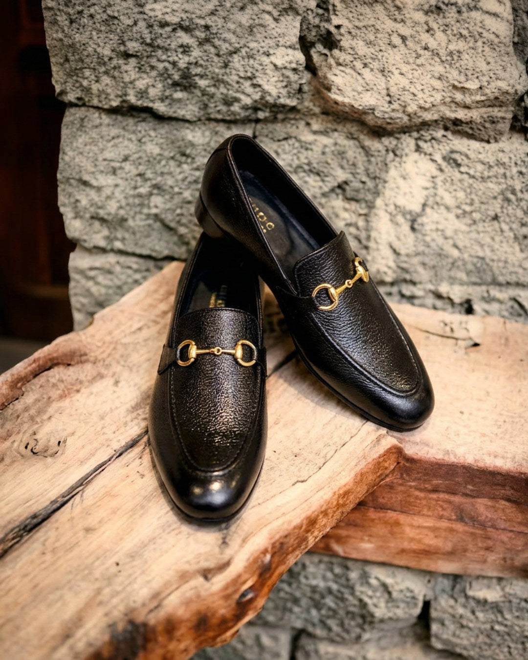 Mild Manner | Men's Black Pebbled Leather Loafers with Gold Buckle | D.