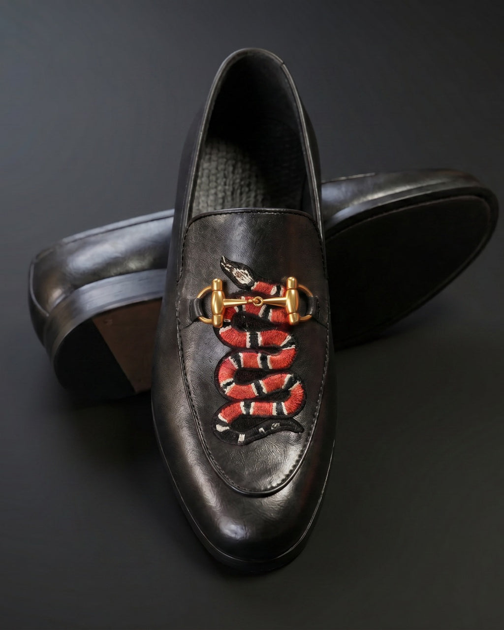 ViperVogue | Men's Black Leather Loafers with Snake Embroidery & Gold Buckle | D.