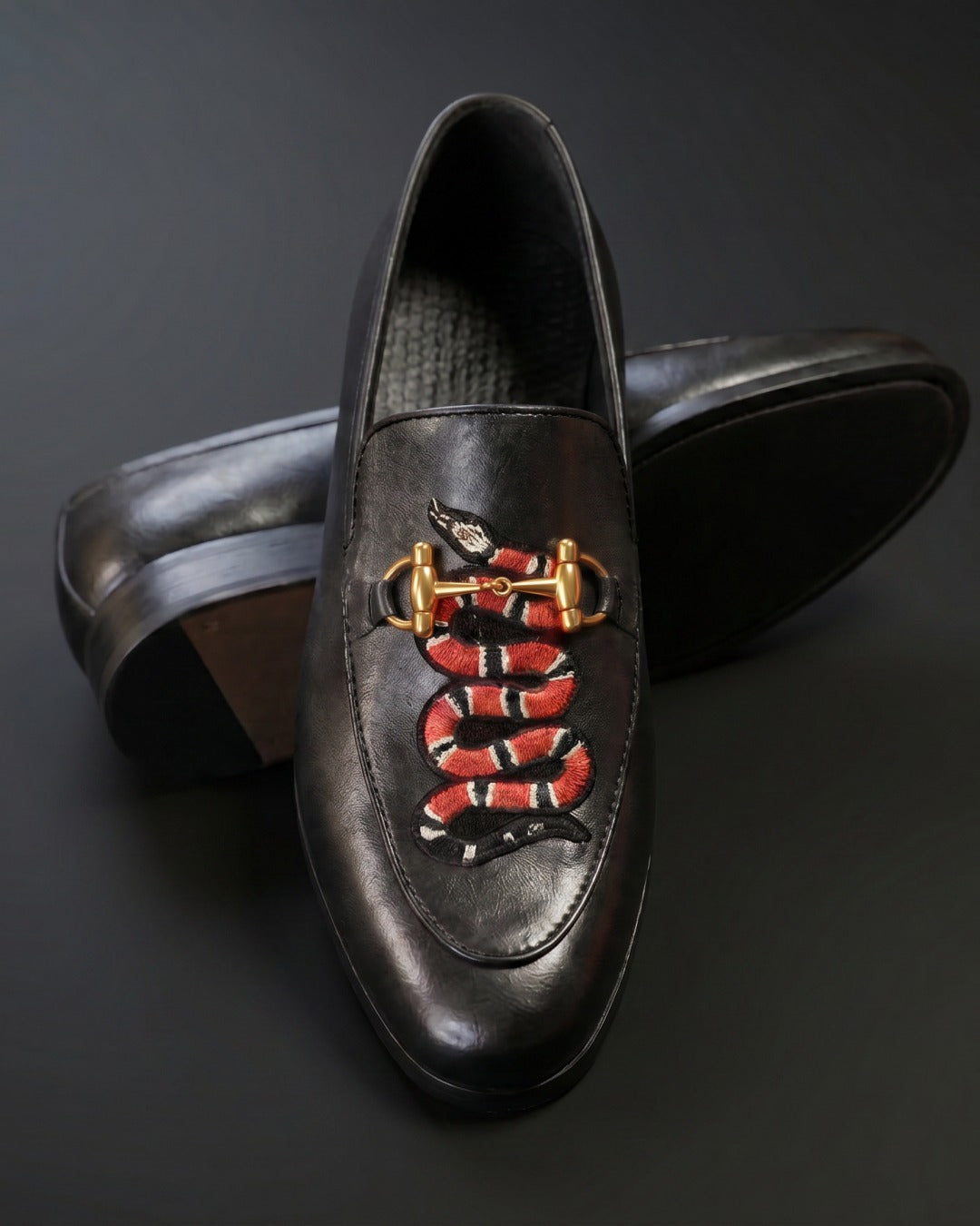 ViperVogue | Men's Black Leather Loafers with Snake Embroidery & Gold Buckle | D.