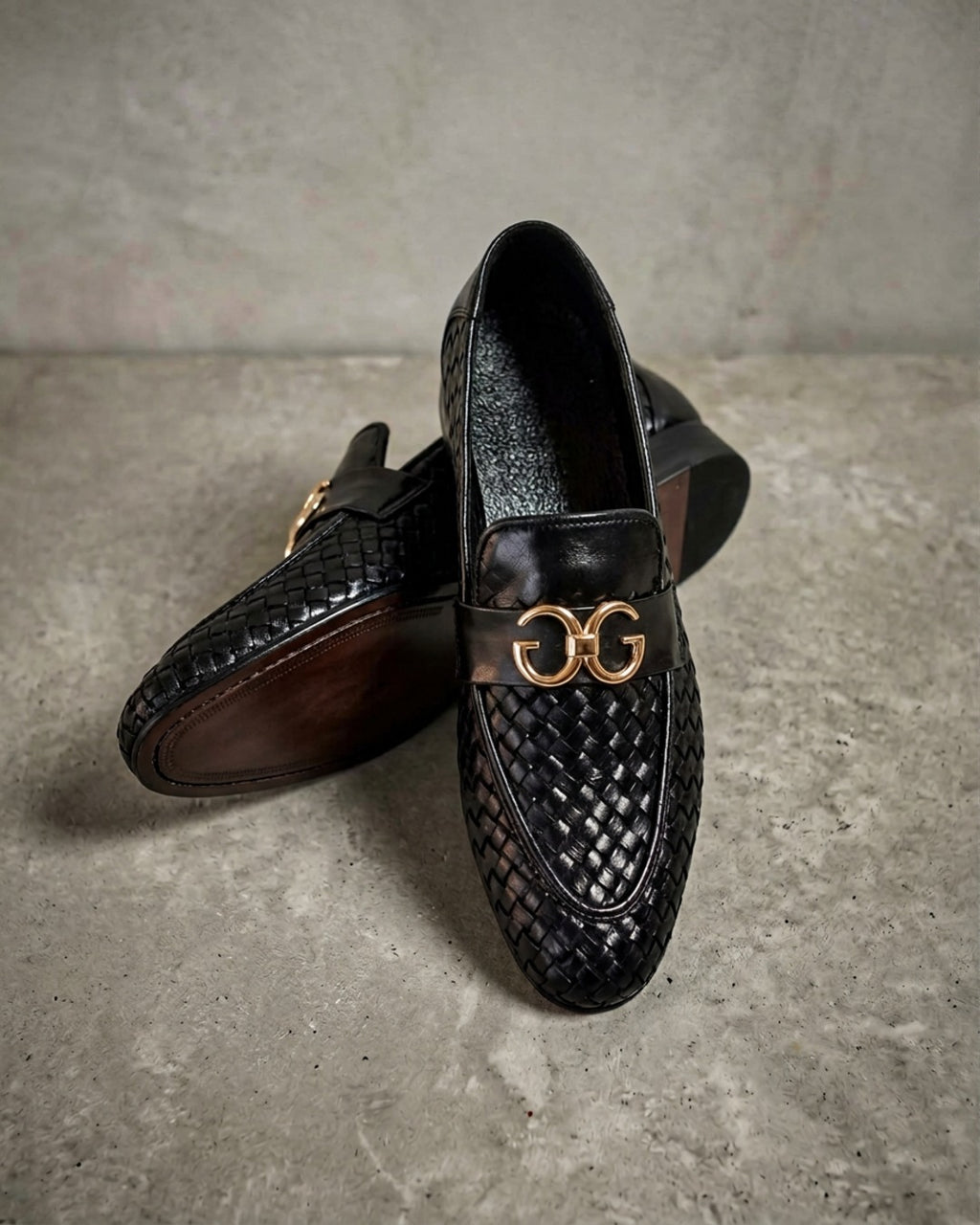 MidnightWeave | Men's Black Woven Leather Loafers with Gold Emblem | D.