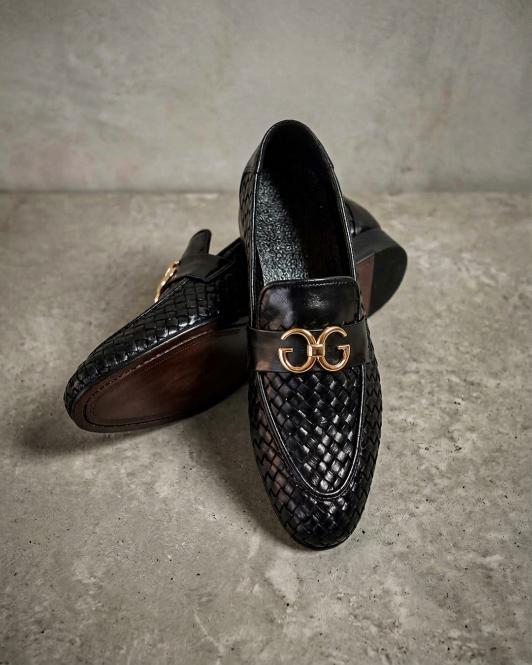 MidnightWeave | Men's Black Woven Leather Loafers with Gold Emblem | D.