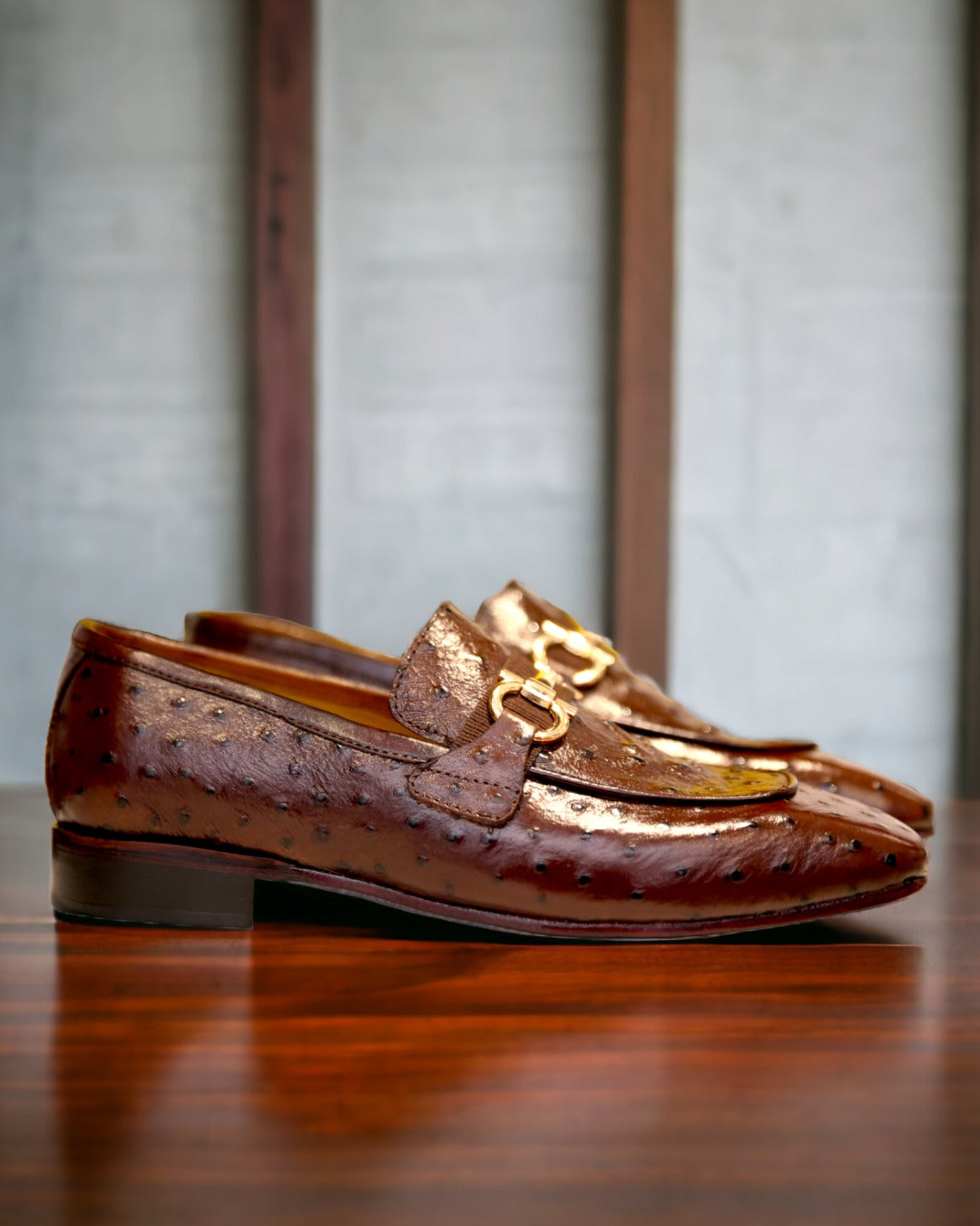 Oster Posh | Men's Brown Ostrich Leather Loafers with Gold Buckle | D.