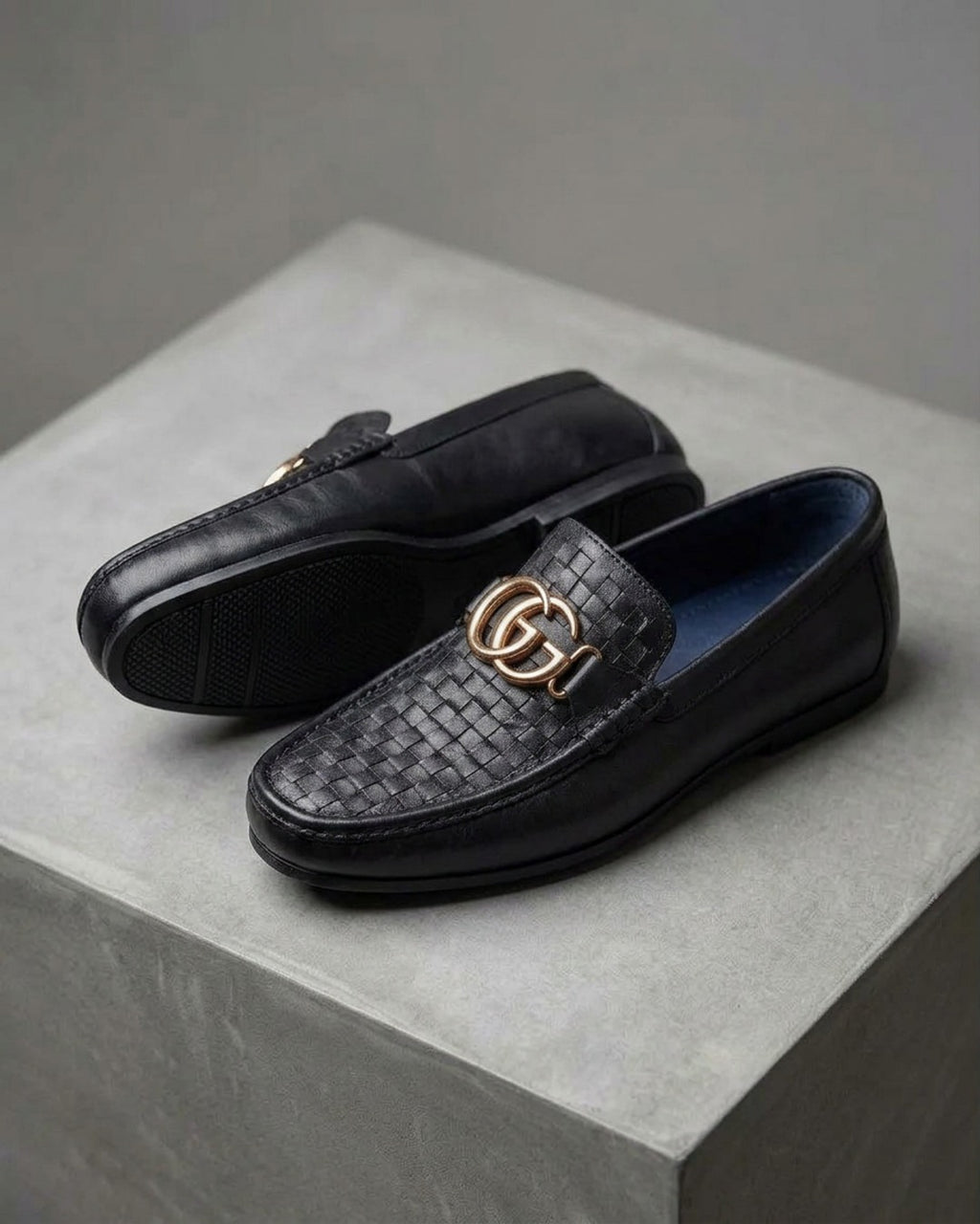 ObsidianWeave | Men's Black Woven Leather Loafers with Double Gold Emblem | D.