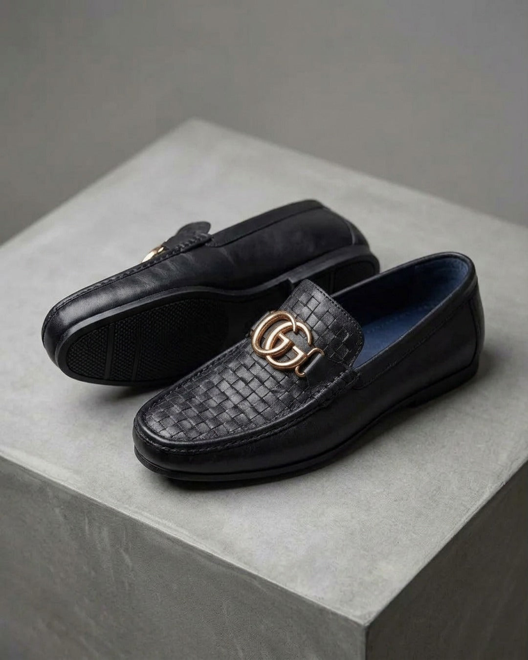 ObsidianWeave | Men's Black Woven Leather Loafers with Double Gold Emblem | D.
