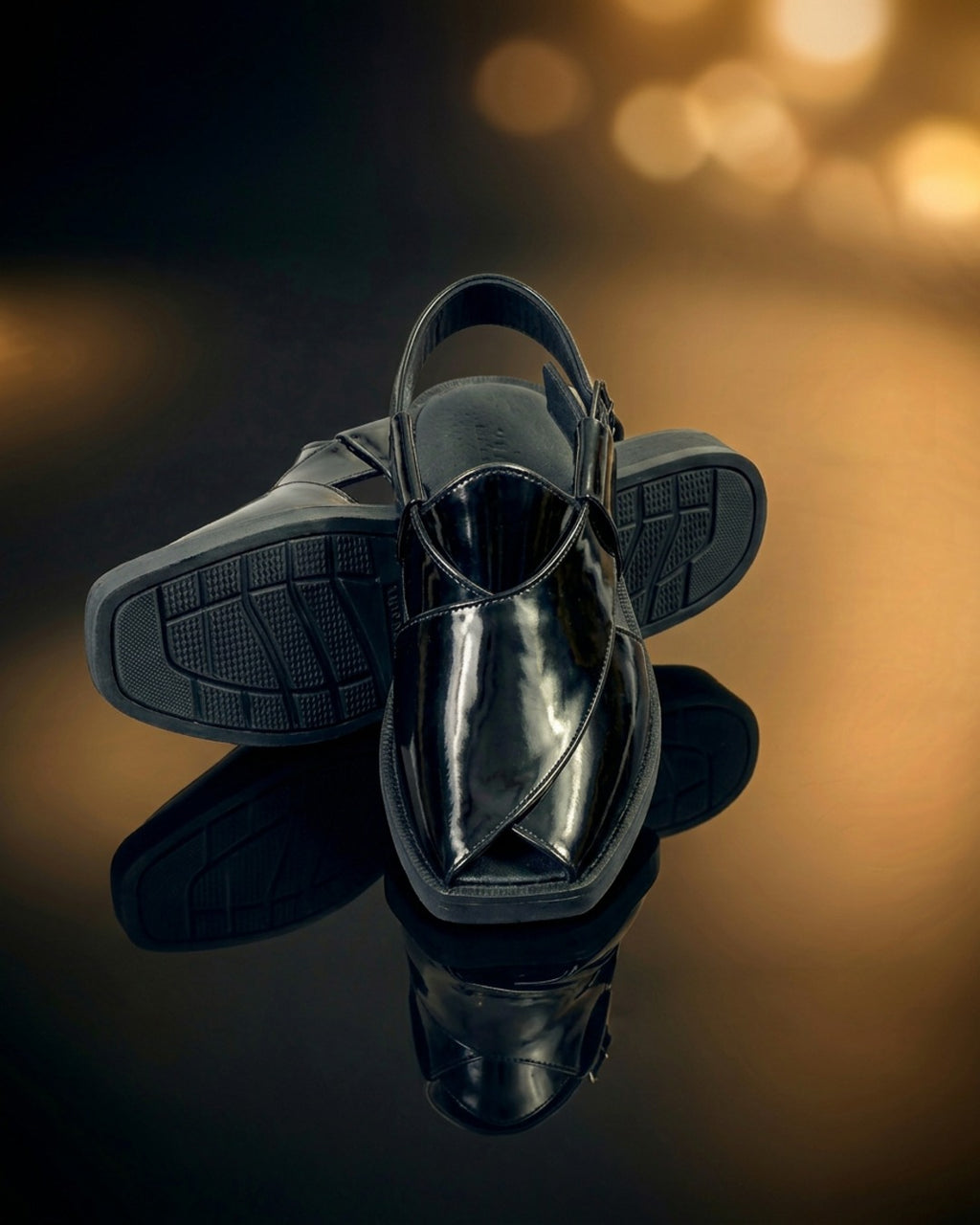 ObsidianOrbit | Men's Black Patent Leather Sandals with Gold Buckle | D.