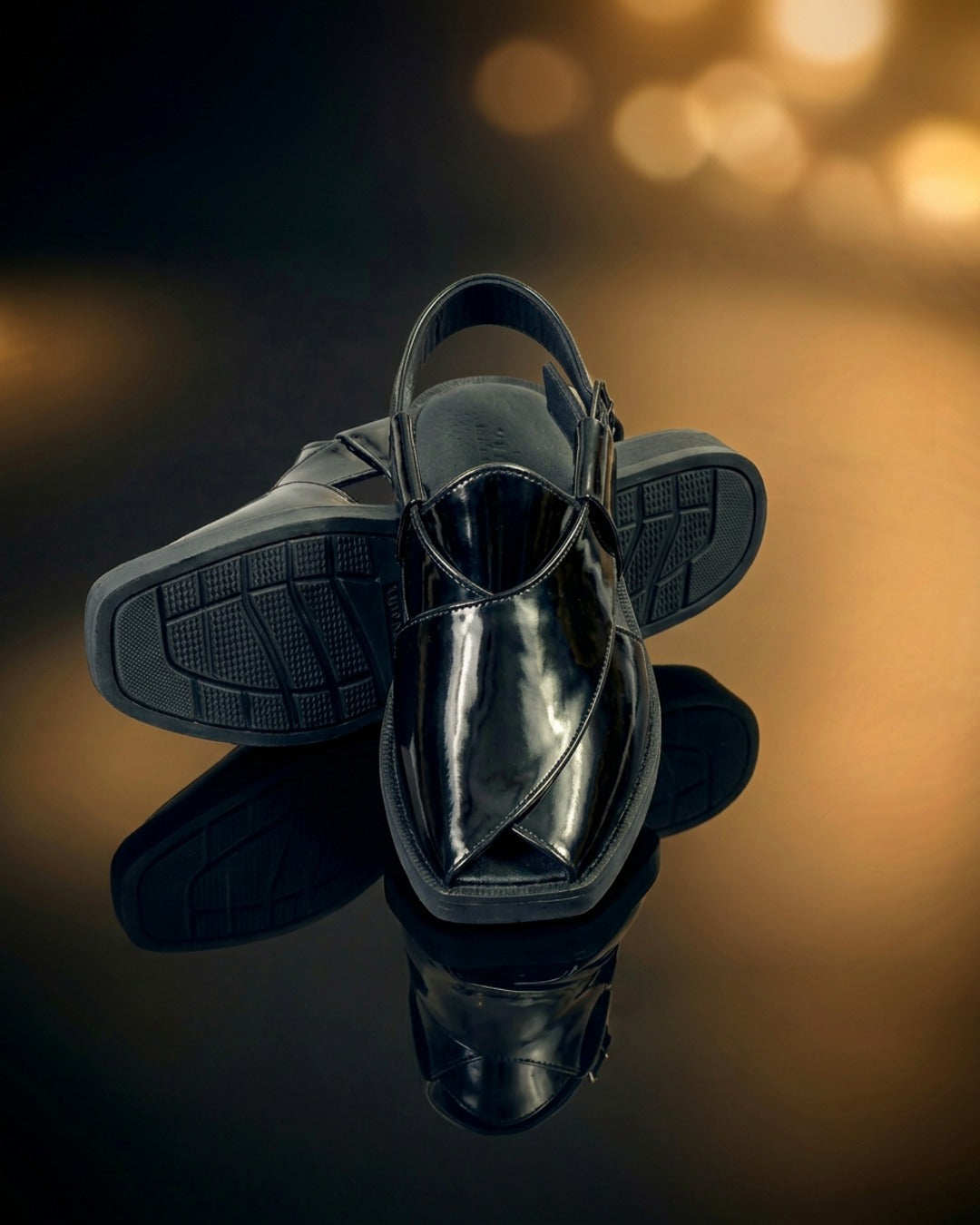 ObsidianOrbit | Men's Black Patent Leather Sandals with Gold Buckle | D.