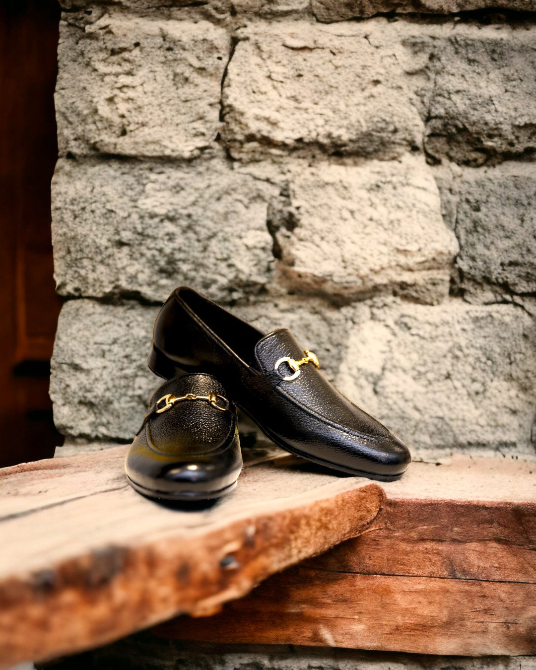 Mild Manner | Men's Black Pebbled Leather Loafers with Gold Buckle | D.