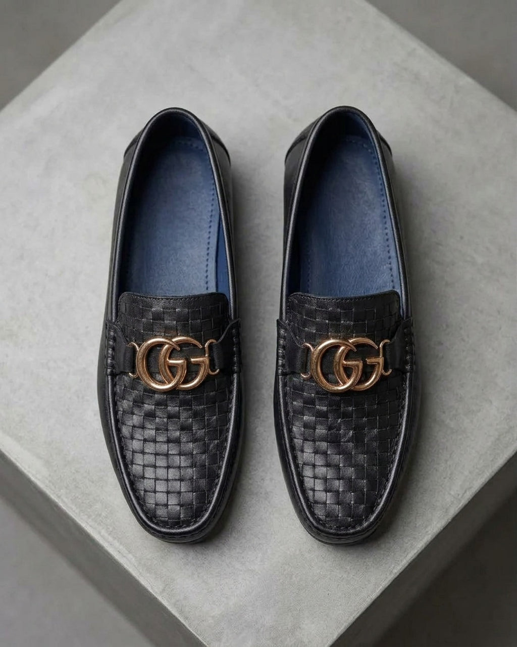 ObsidianWeave | Men's Black Woven Leather Loafers with Double Gold Emblem | D.