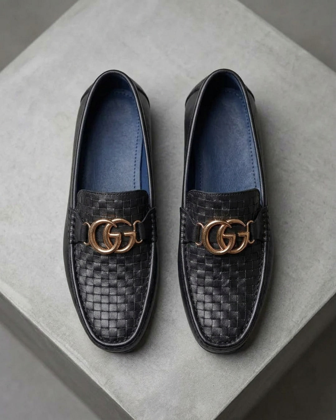 ObsidianWeave | Men's Black Woven Leather Loafers with Double Gold Emblem | D.
