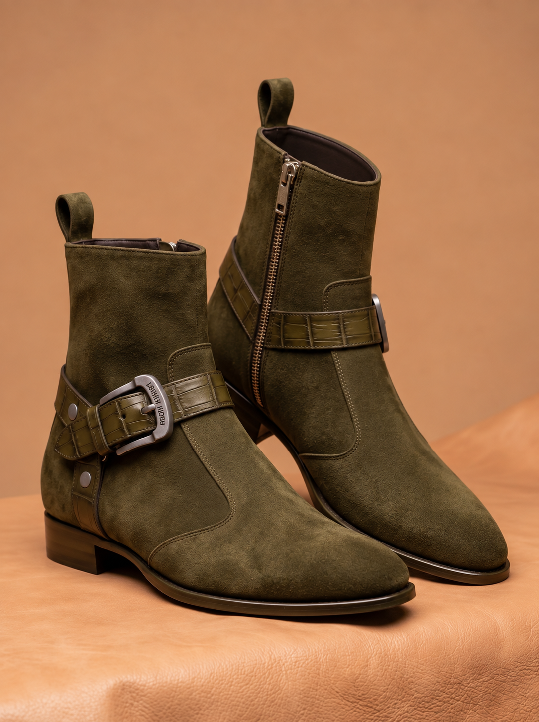 Moss Royale D. men's olive suede ankle boots croco strap silver buckle zip Pakistan